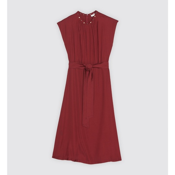 Sandro Dresses & Skirts - Sandro Red Peplum Midi Dress Sleeveless Mock Neck